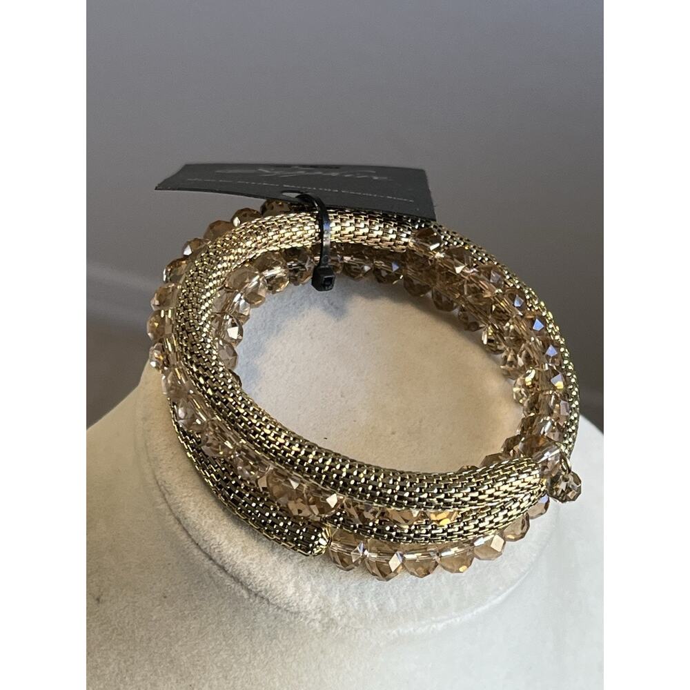 NEW Sapphire Cracker Barrel Champagne Faceted Glass Wire Bracelet Gold - Picture 2 of 5